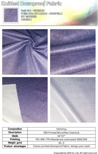 WJ-WNSN 針織羽絨面料8  Composition：100%Polyester  Description:30D雙面+泥點印花+TPU低透明  Product advantages:印花效果，無限想象 正面照